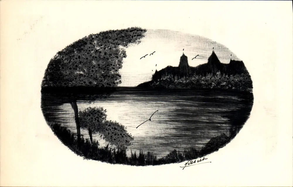 Schloss Chillon — Seenansicht — signiertes Zeichnung 'G. Frenck' - Vorderseite