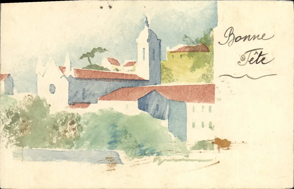 Ansicht eines Dorfes mit Kirche — Aquarellzeichnung — handschriftlicher Text 'Bonne Fête' — um 1939 - Vorderseite