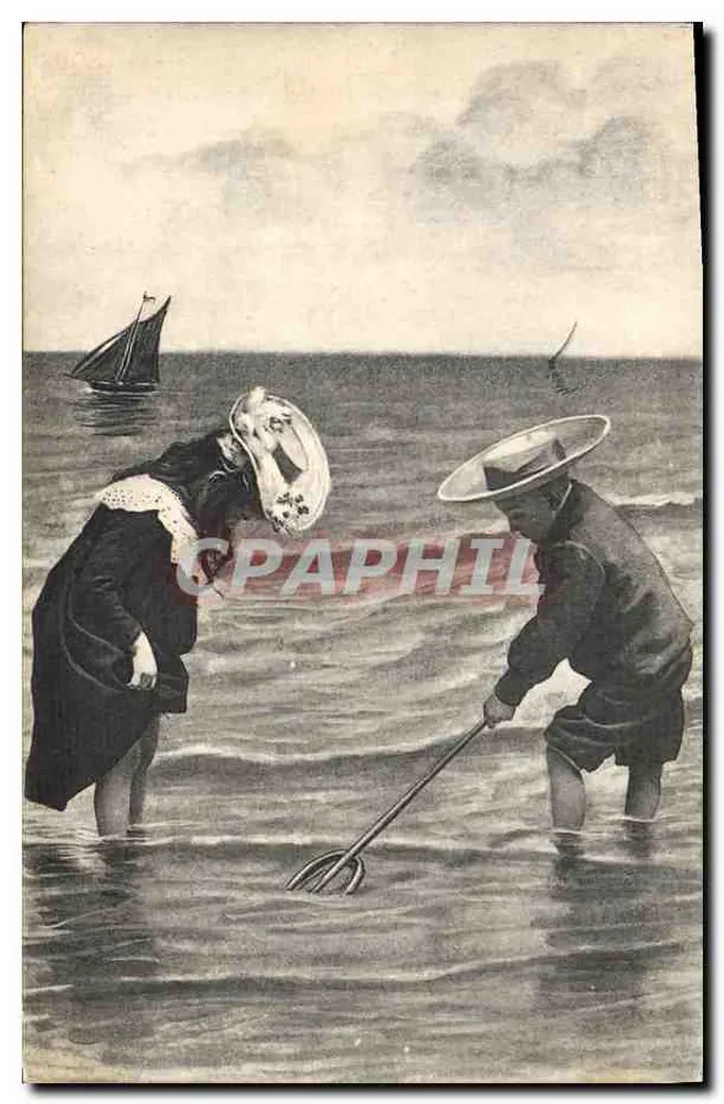 Duas pessoas pescando no mar — cena de praia — editor desconhecido, série 0618 - Frente