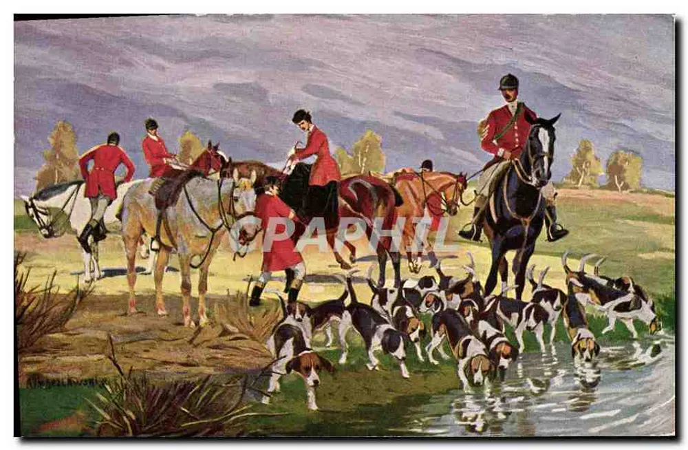 Jacht met vos — ridder in rood kostuum en honden in het water — H.K. & Co. M. Série 481 - Voorkant