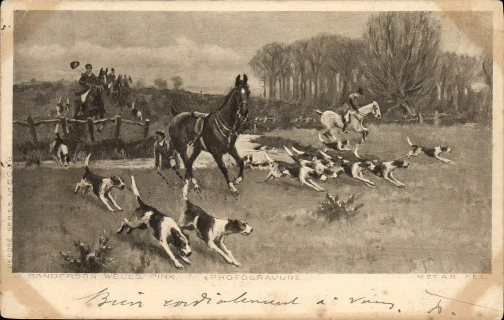 Caza a caballo — J. Sanderson Wells, Pinx. — Fotograbado — Mét. AB. FEC. - Anverso