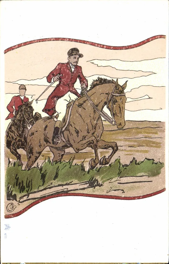 Caça a cavalo — dois cavaleiros em traje de caça — editor Cartolina Postale, n° 411 - Frente