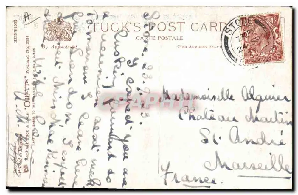 Nach der Jagd — Tuck's Post Card, Jagd-Serie Nr. 3194 - Rückseite