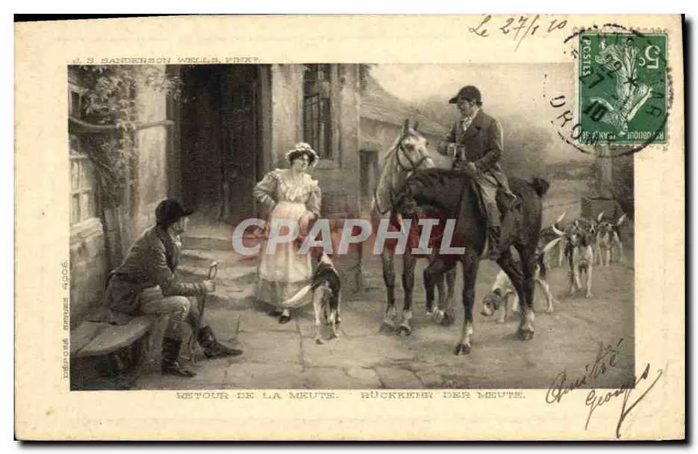 Rückkehr der Jagdgesellschaft — Jagdscene mit Reiter, Frau und Hunden — Verlag S. Sanderson Wells & Firkp. n° 3000 - Vorderseite