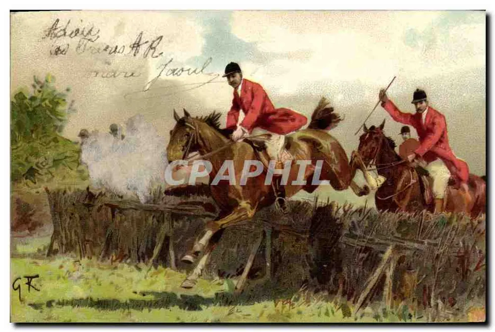 Chasse à courre — cavaliers franchissant un obstacle — éditeur G.K. n° 3027 - Recto