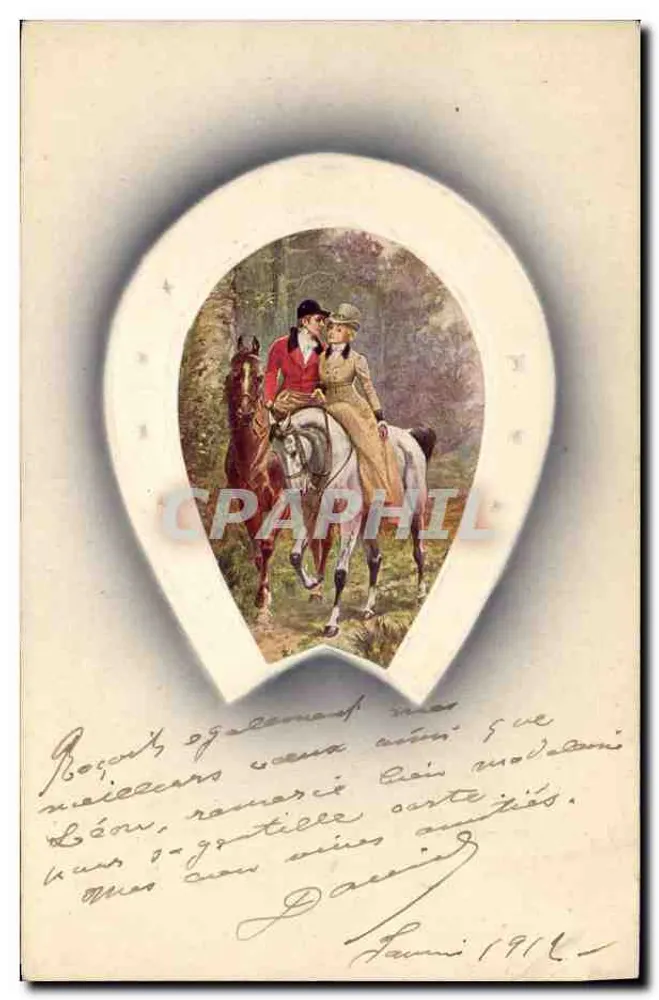 Cavaliers en forêt — scène de romance équestre — éditeur non visible - Vorderseite
