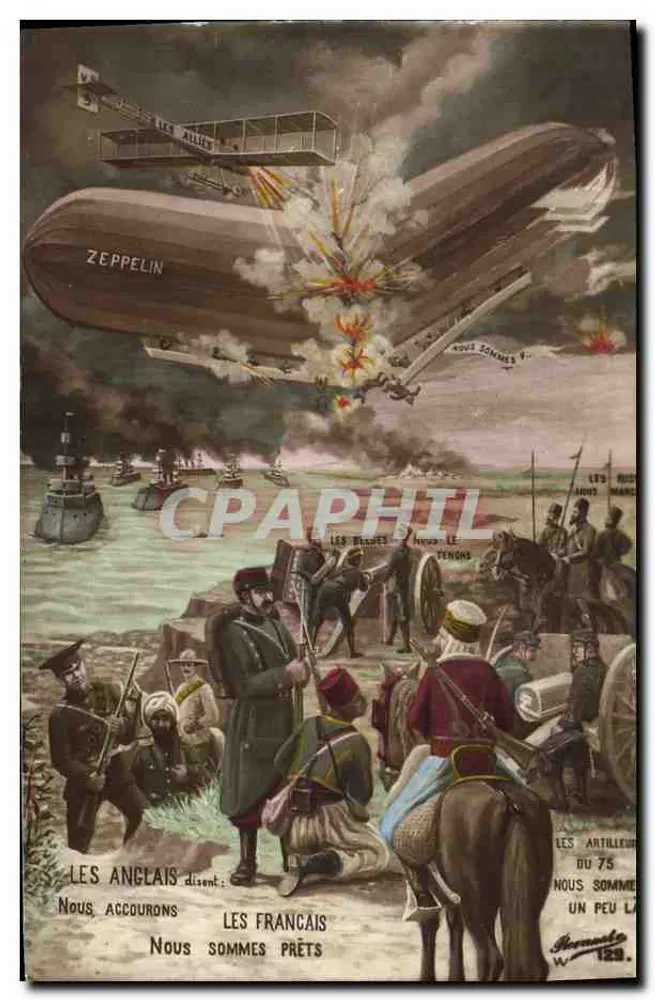 Zeppelin em chamas — Os Aliados contra os Franceses — Hermant W. 129 - Frente