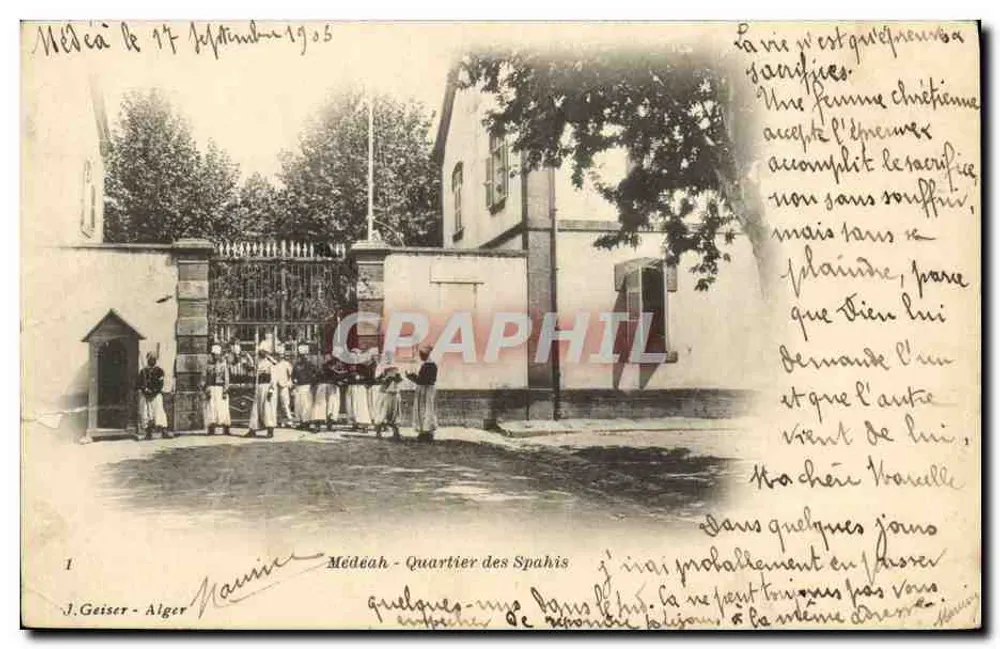 Médéah - Quartier des Spahis — éditeur J. Geiser, Alger, n°1 - Frente