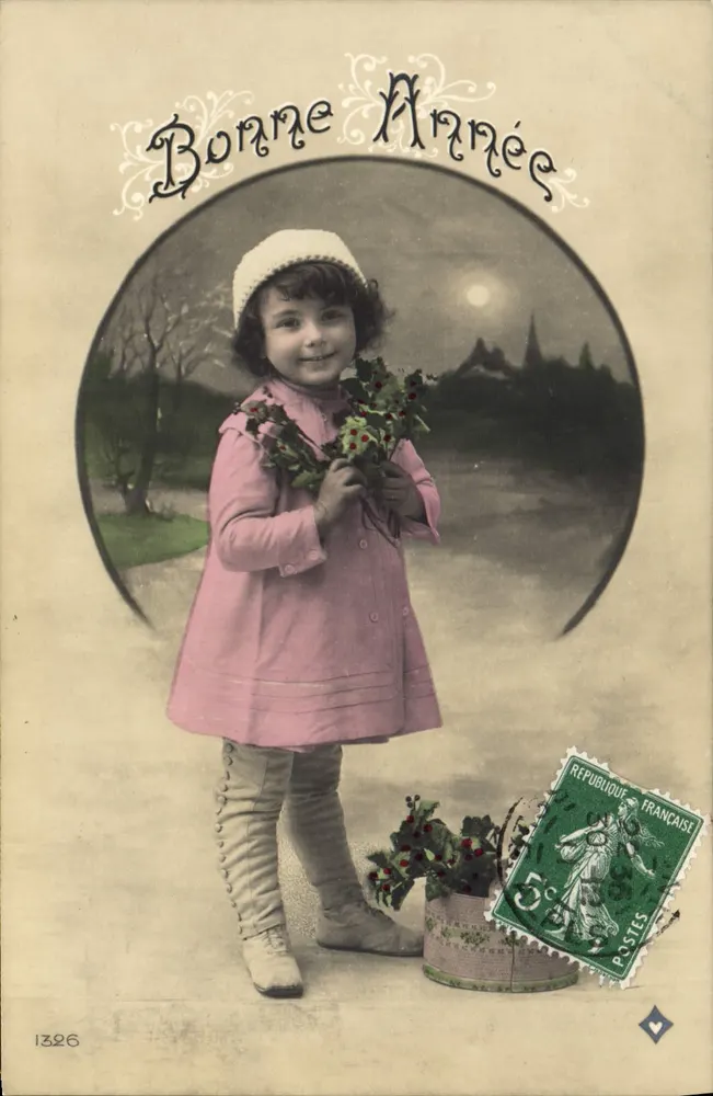 Mädchen in einem rosa Kleid — Frohe Neujahr — anonymer Verleger, Nr. 1326 - Vorderseite