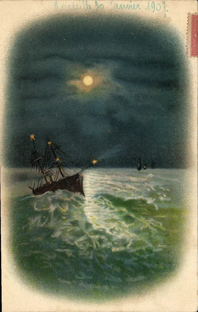Navio no mar sob a lua — cena noturna — editor não visível - Frente