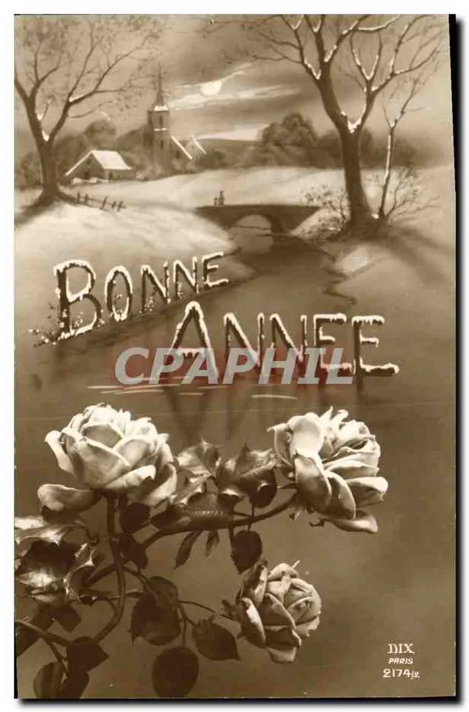 Winterlandschaft mit Rosen — Frohe Weihnachten — DIX Paris 2174 - Vorderseite