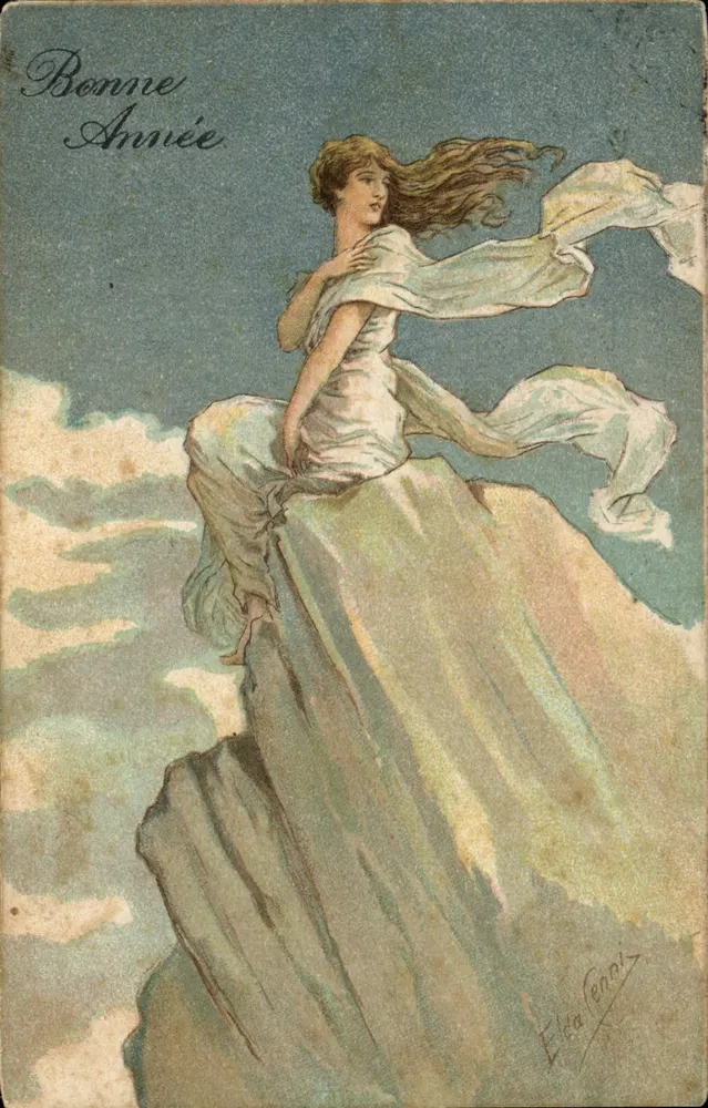 Frau auf einem Felsen — Frohe Neujahr — Elda Fennis - Vorderseite