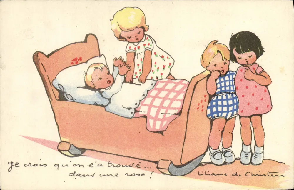 Kinder um ein Wiegen — Illustration von Liliane de Christen — Edition Bellecour, Lyon - Vorderseite