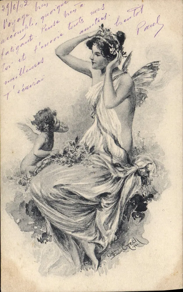Fee und Cupido — Illustration signiert von H. Grel — Verlag nicht sichtbar - Vorderseite