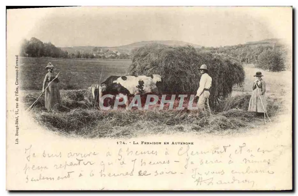 A Fenaison na Auvergne — cena de colheita com vaca e pessoas — Lib. Bougé-Béal, 21, rue de l'Écou, Charmont-Ferraud, n° 174 - Frente
