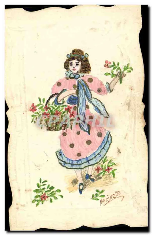 Frau in einem rosa Kariertkleid — mit Blumenstrauß — Zeichnung von Marinette - Vorderseite