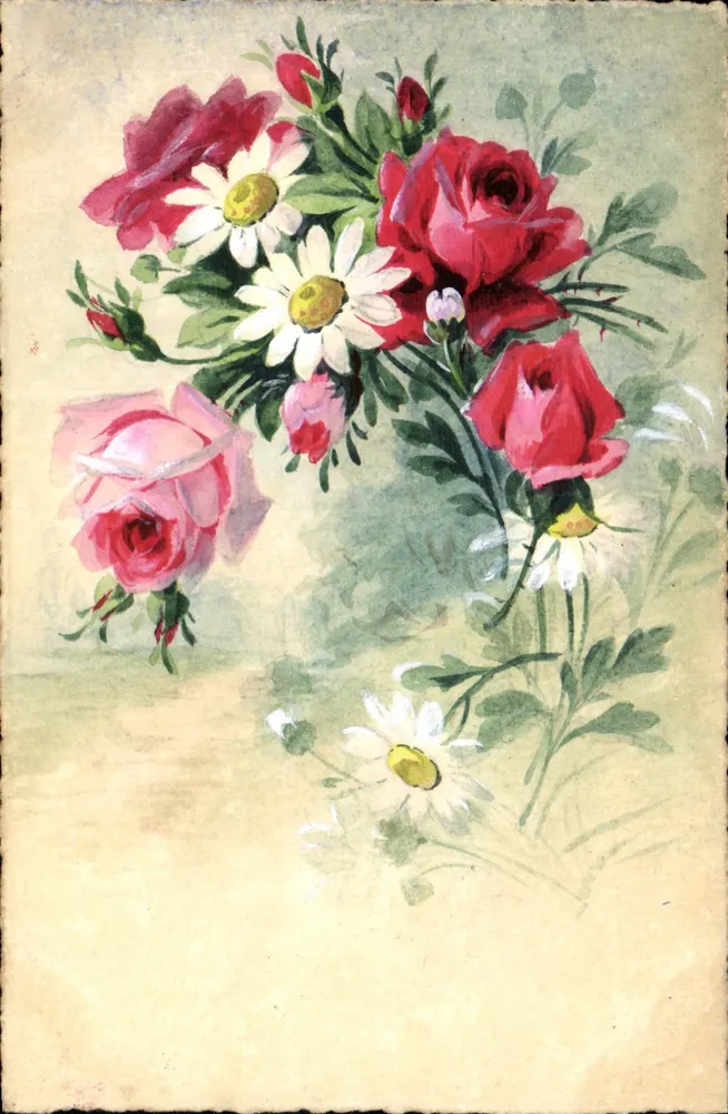 Blumenstrauß aus Rosen und Margeriten — Illustration — Verlag und Seriennummer nicht lesbar - Vorderseite