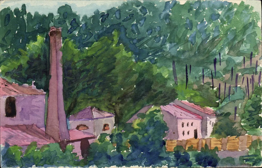 Ansicht einer Fabrik mit Schornstein — Aquarell — unbekannter Verlag - Vorderseite