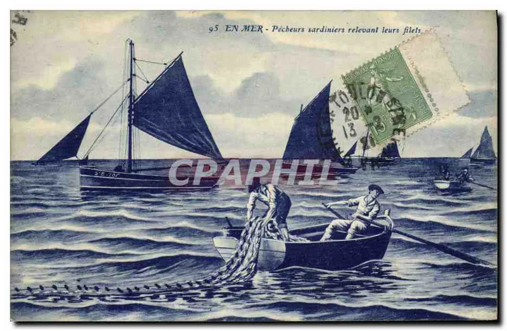Auf See - Fischer der Sardinière-Boote, die ihre Netze einholen — Artaud et Nozaïs, Nantes, n°95 - Vorderseite