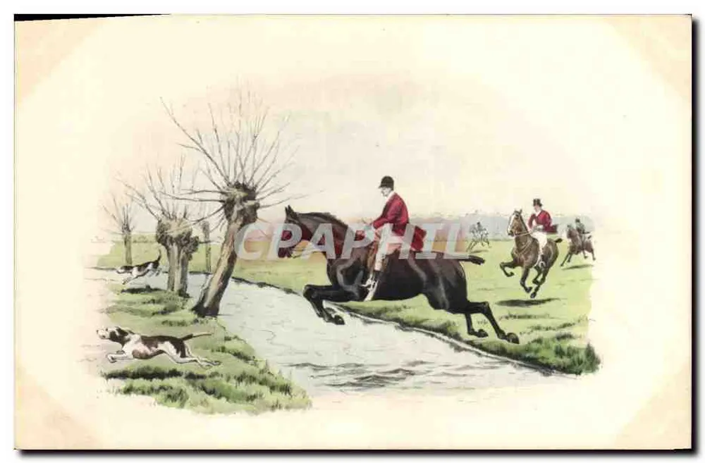 Caça a cavalo — cavaleiros trajados para caça atravessando um riacho — M. M. Vienne - Frente