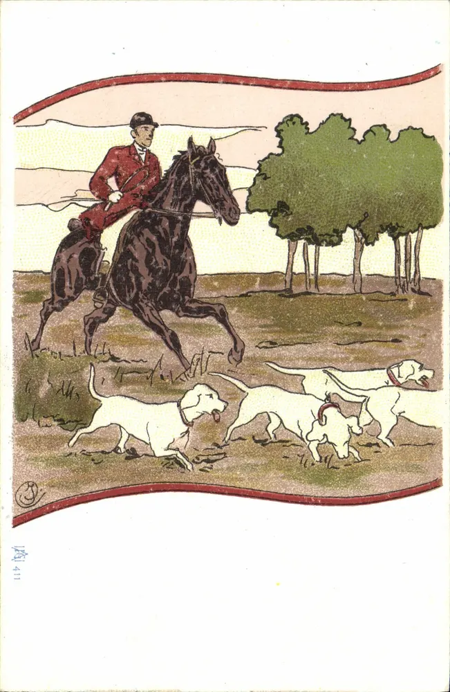 Caça à cavalo — cavaleiro em vermelho e cães brancos — editor JAY 411 - Frente
