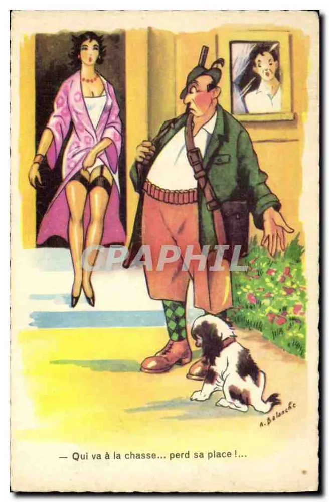 Jäger und Frau — humoristische Karikatur — A. Balanche, Verlag La Rose, n°1122 - Vorderseite