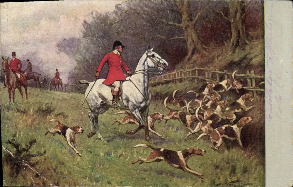 Chasse à courre — scène de chasse avec un cavalier en rouge et chiens — éditeur M. M. VIENNE, n° 218 - Recto