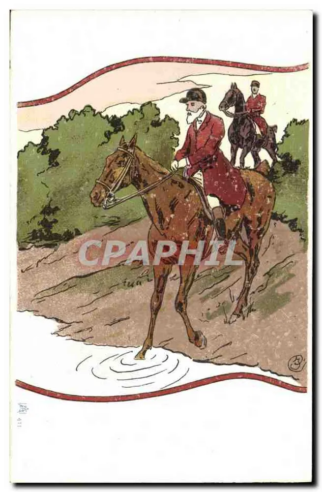 Cavaleiros a cavalo atravessando um rio — ilustração — editor não visível, número de série 411 - Frente