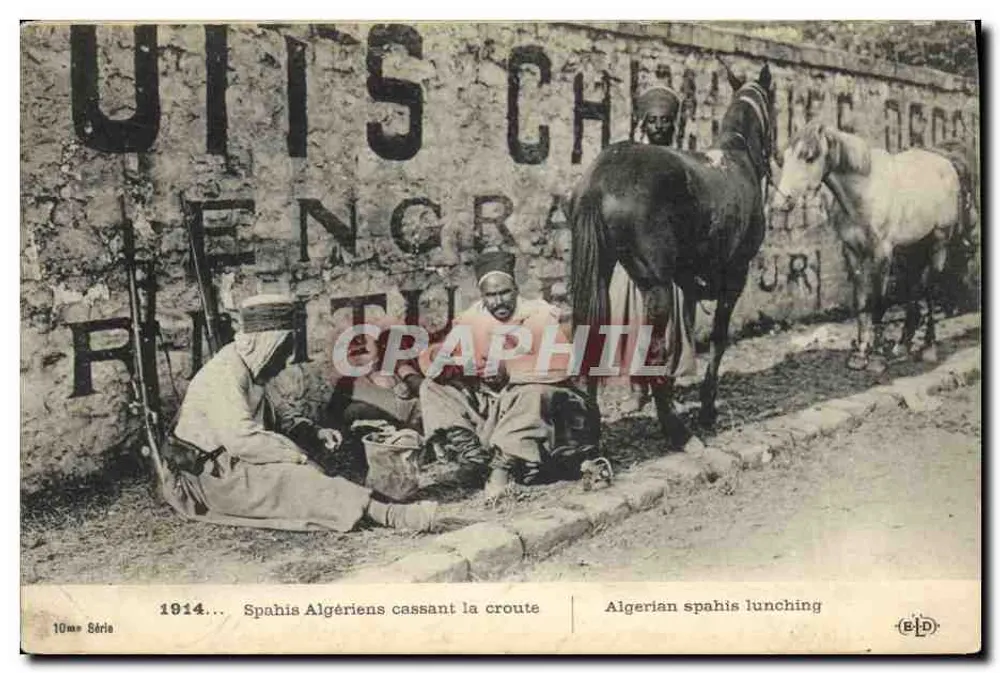 Spahis Algériens cassant la croute — scène de rue avec deux chevaux — éditeur B.D. — 10me Série - Vorderseite