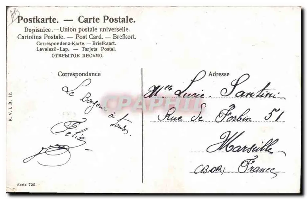 Femme portant un panier d'enfants — scène de rivière — éditeur K.Y.L.B. n° 725 - Rückseite