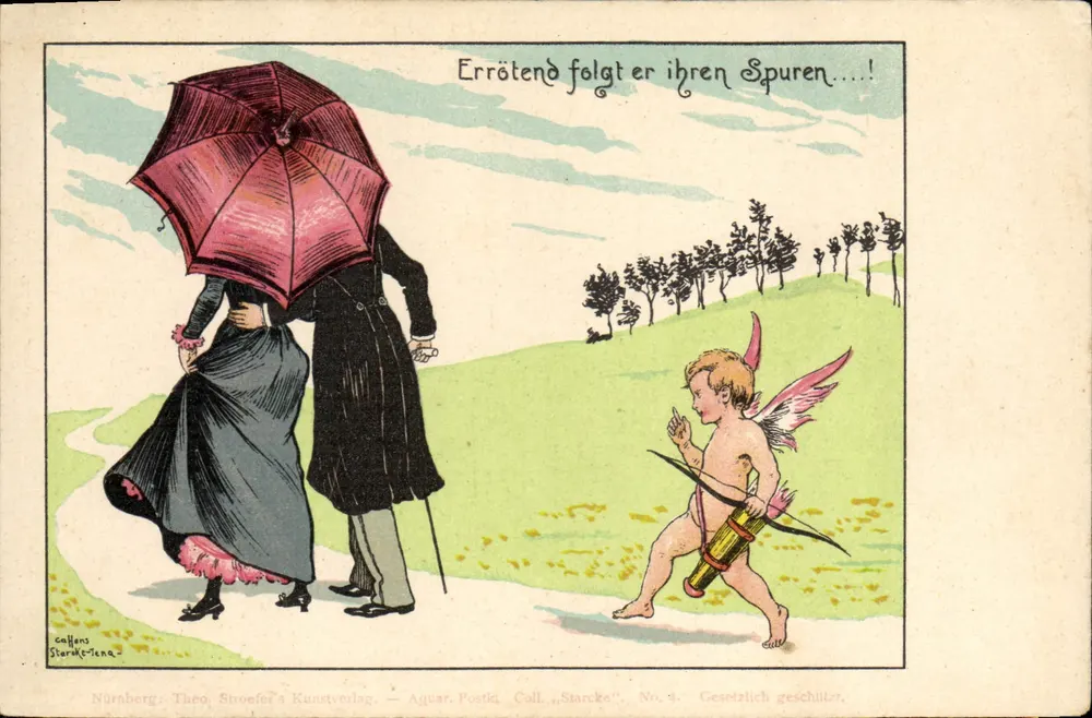 Couple sous parapluie — scène de romance avec Cupidon — éditeur Theo. Stroeker's Kunstverlag, Nürnberg, n°4 - Vorderseite