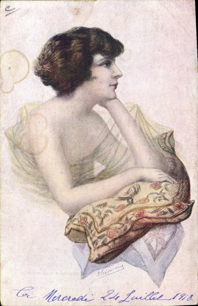 Junge Frau in Kleid im Art-Déco-Stil — Profilporträt mit besticktem Kissen — Verlag Strémian, Nr. 277 - Vorderseite