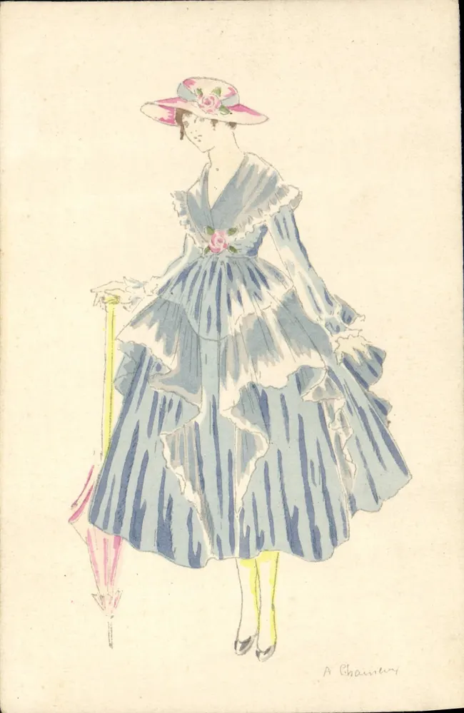 Frau in einem blauen Kleid mit Rüschen — Modezeichnung — A. Chainery - Vorderseite