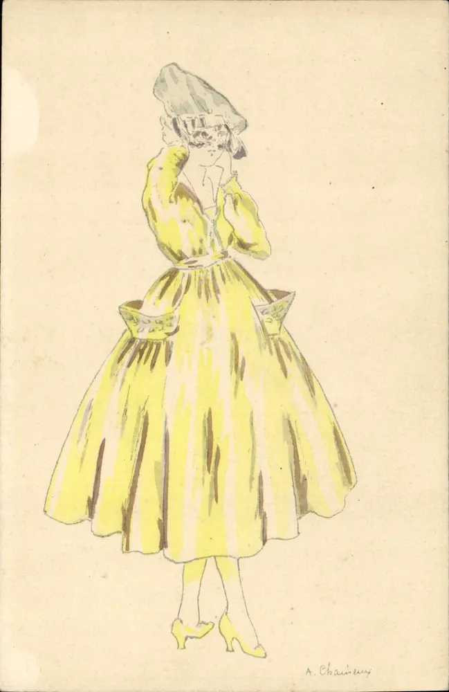 Frau in einem gelben Kleid — Modezeichnung — A. Chaineuy - Vorderseite