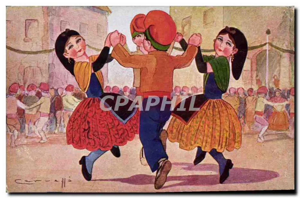 Danseurs en costume traditionnel — scène de rue animée — éditeur N. Coll Salleti, N°1335 - Frente