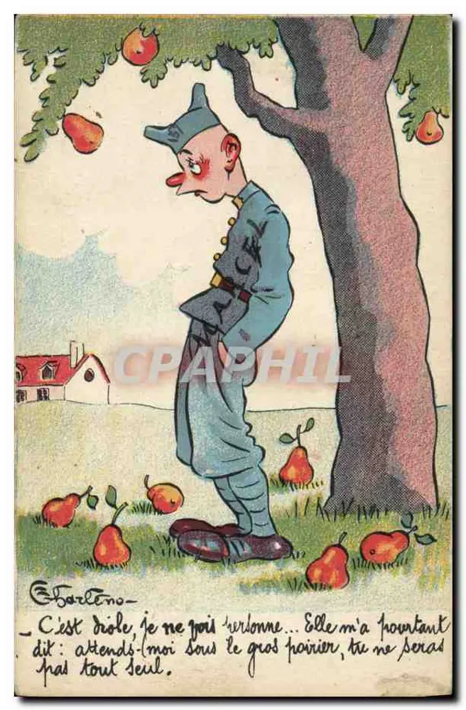 Soldat unter einem großen Apfelbaum — humoristische Karikatur — Verlag E. Borelno - Vorderseite