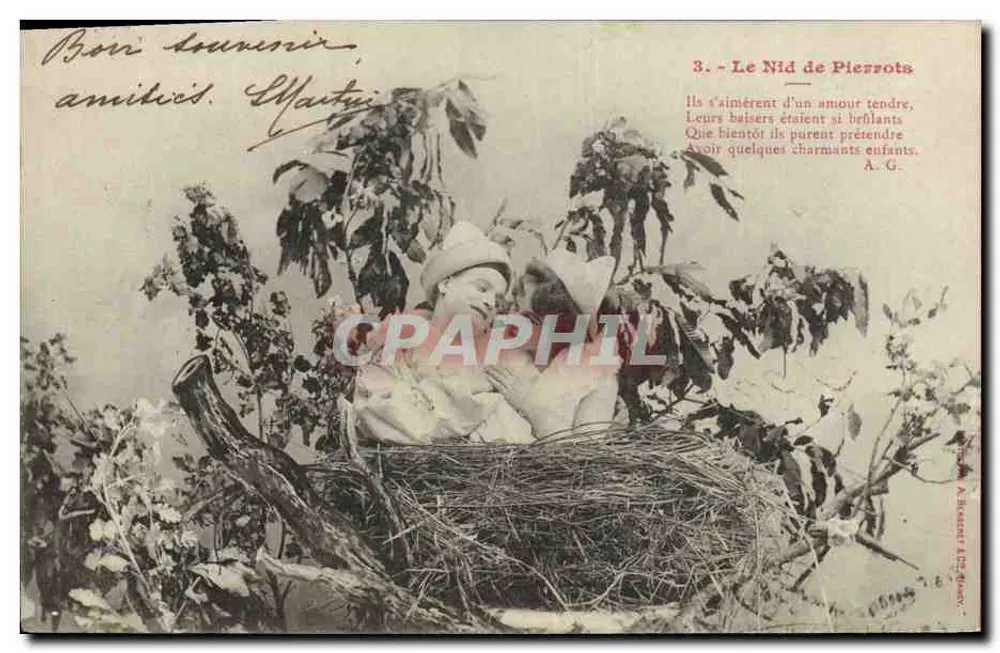 Nest der Pierrots — Thema: zwei Kinder in einem Nest — Verlag A. Basset & Cie, Nr. 3 - Vorderseite