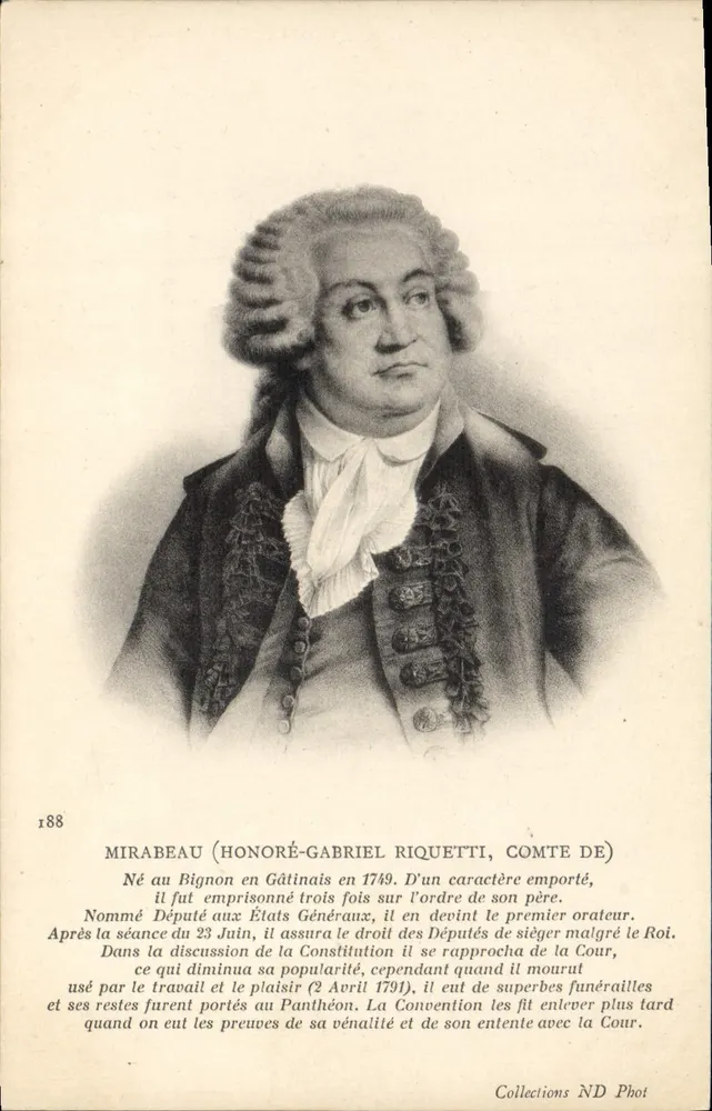 Mirabeau (Honoré-Gabriel Riquetti, conde de) — retrato gravado — Établissements Photographiques de Neurdein, Paris, n° 188 - Frente