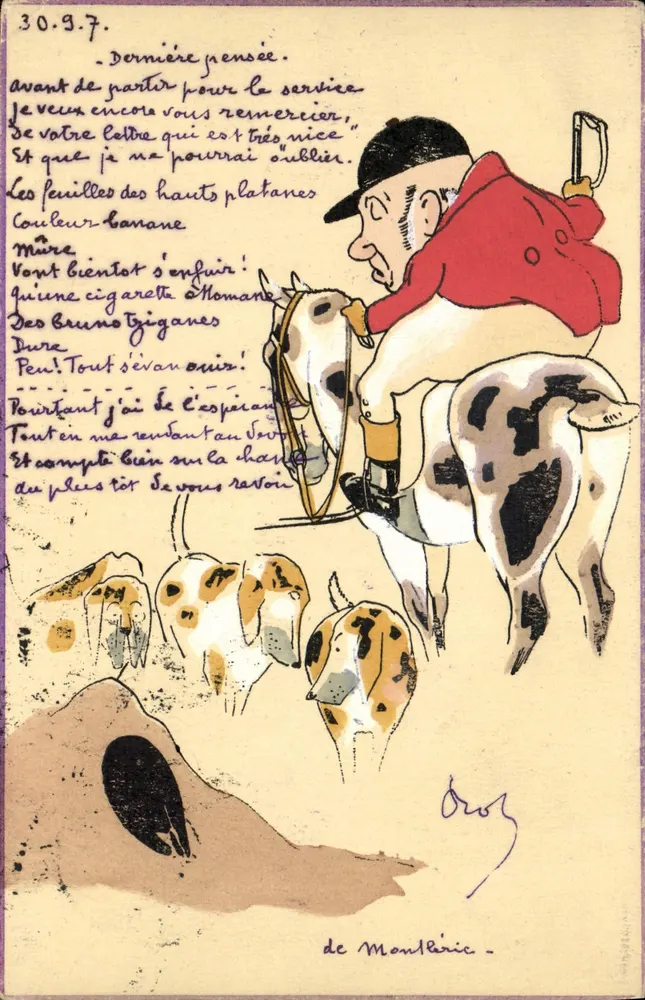 Caçador a cavalo com cães — desenho de Droz — de Montléric - Frente