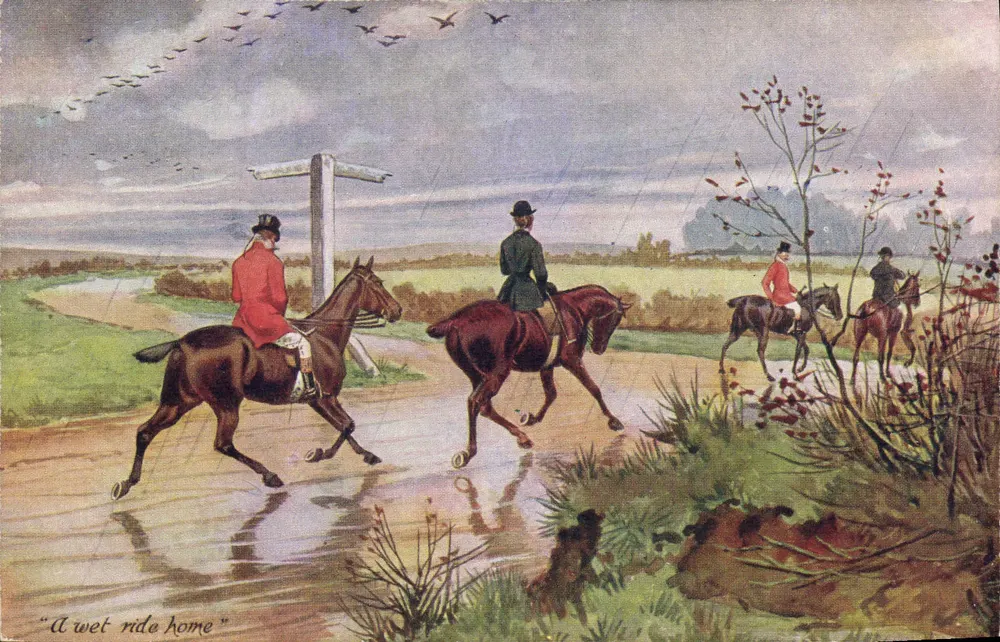 Cavalieri a cavallo — una passeggiata bagnata — editore non identificato - Recto