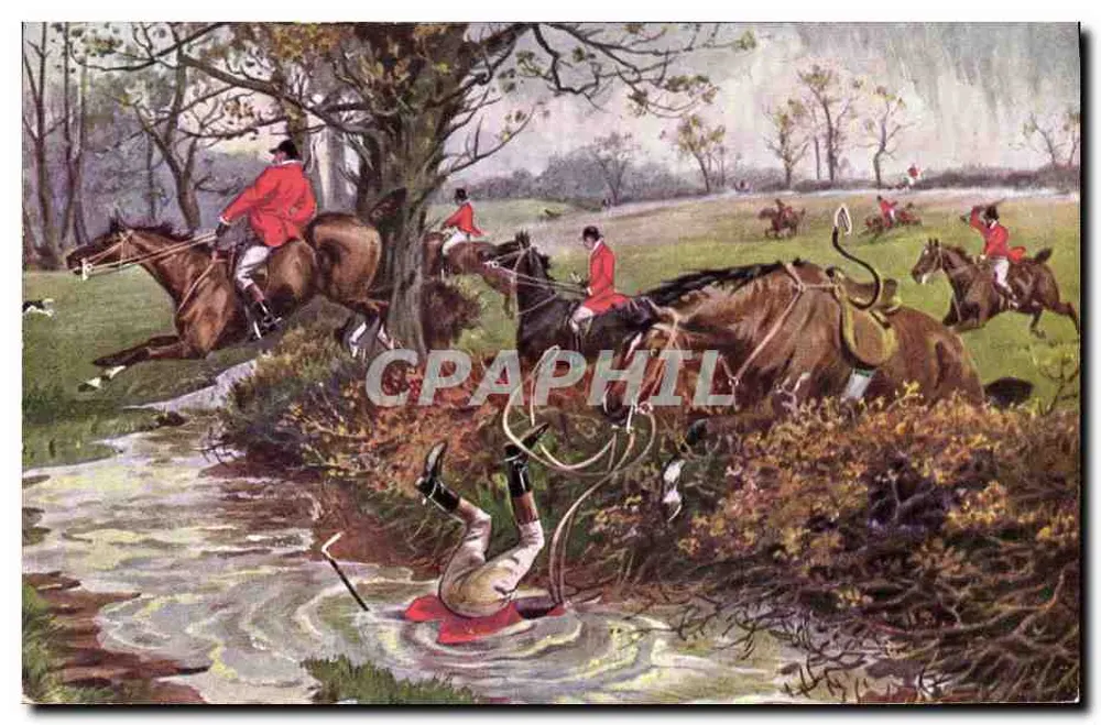 Caza a caballo — un jinete caído en un arroyo — M. M. Vienne, n° 337 - Anverso