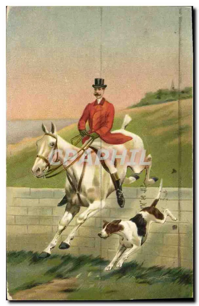 Caça com cavalo — cavaleiro com traje vermelho e cachorro pulando — editor H&S - Frente