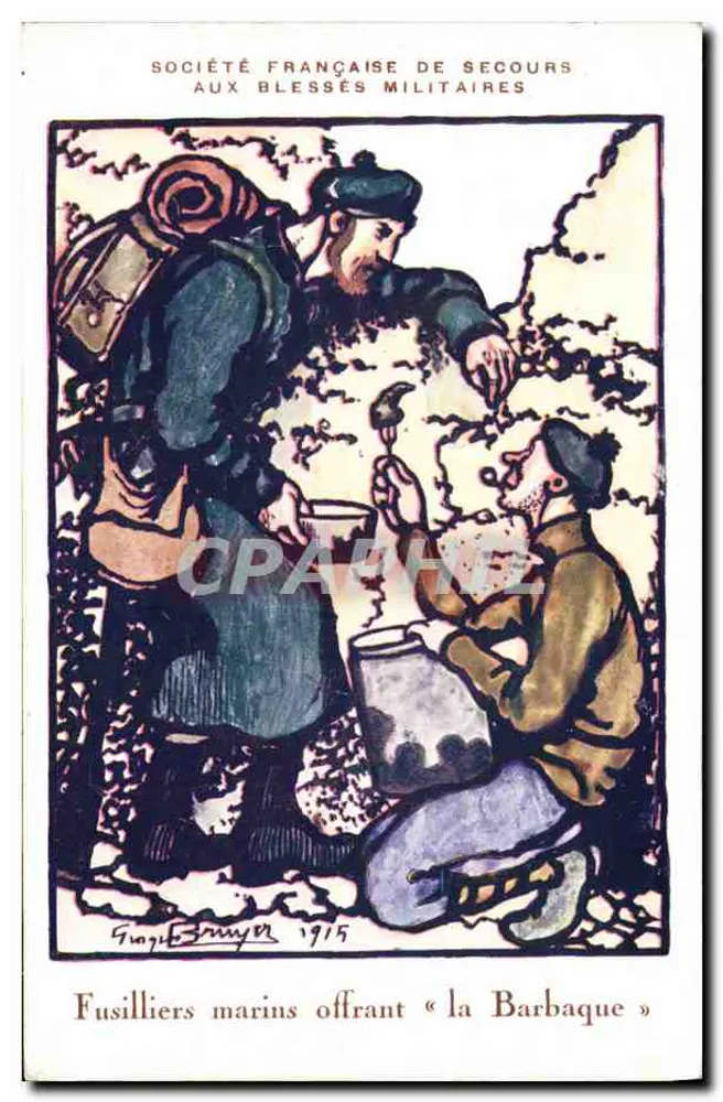 Marines bieten « la Barbaque » an — Französische Gesellschaft für die Hilfe Verwundeten, Holzschnitt von Georges Breyer, 1915 - Vorderseite