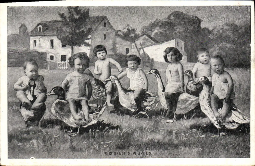 Unsere lieben Kleinkinder — Illustration von sieben Kindern mit Enten — Verlag C.P.S. - Vorderseite