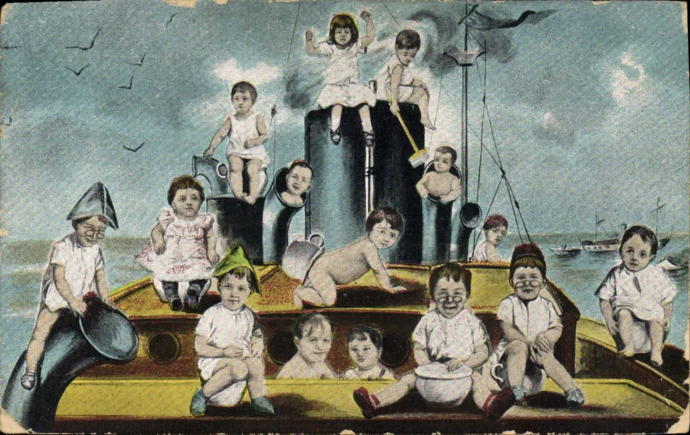 Kinder auf einem Schiff — humoristische Illustration — Verleger unbekannt, Seriennummer nicht sichtbar - Vorderseite