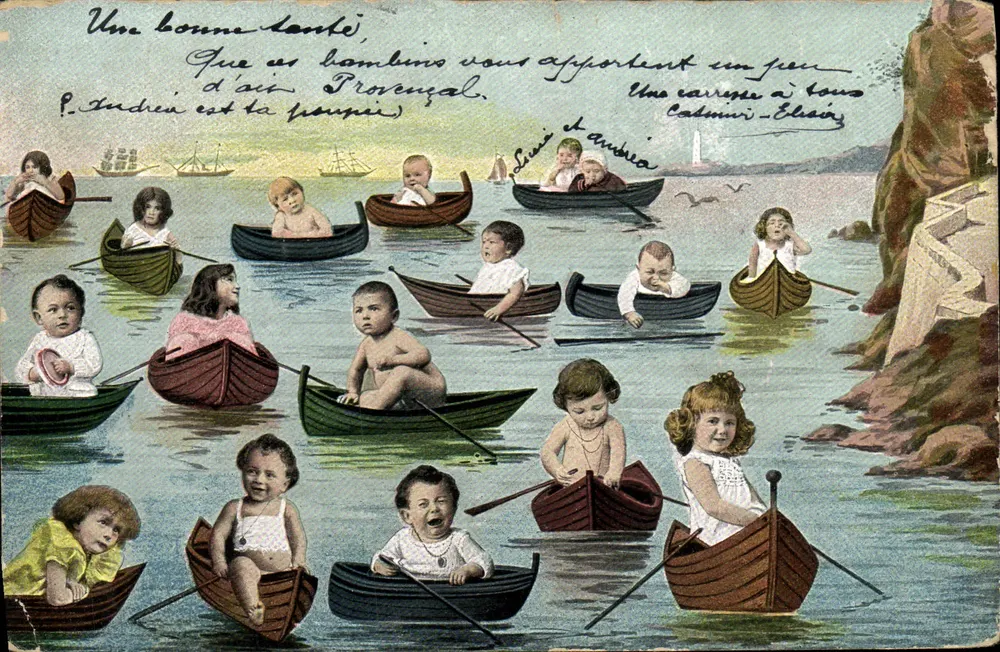 Bambinos dans des barques — scène de rivage — éditeur 'Postkarte — Carte postale' et série 303 - Frente