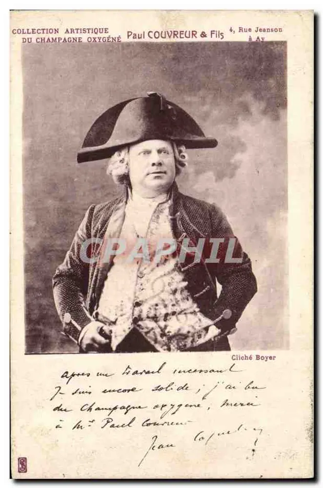 Retrato de homem com traje da época — Coleção artística do Champagne oxygène — Paul Couvreur & Fils, 4, Rue Jeanson à Ay - Frente