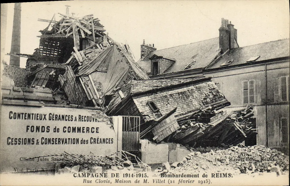 Bombardement de Reims — Rue Clovis, Maison de M. Villet — Jules Marott, Éditeur, N° 16 - Vorderseite
