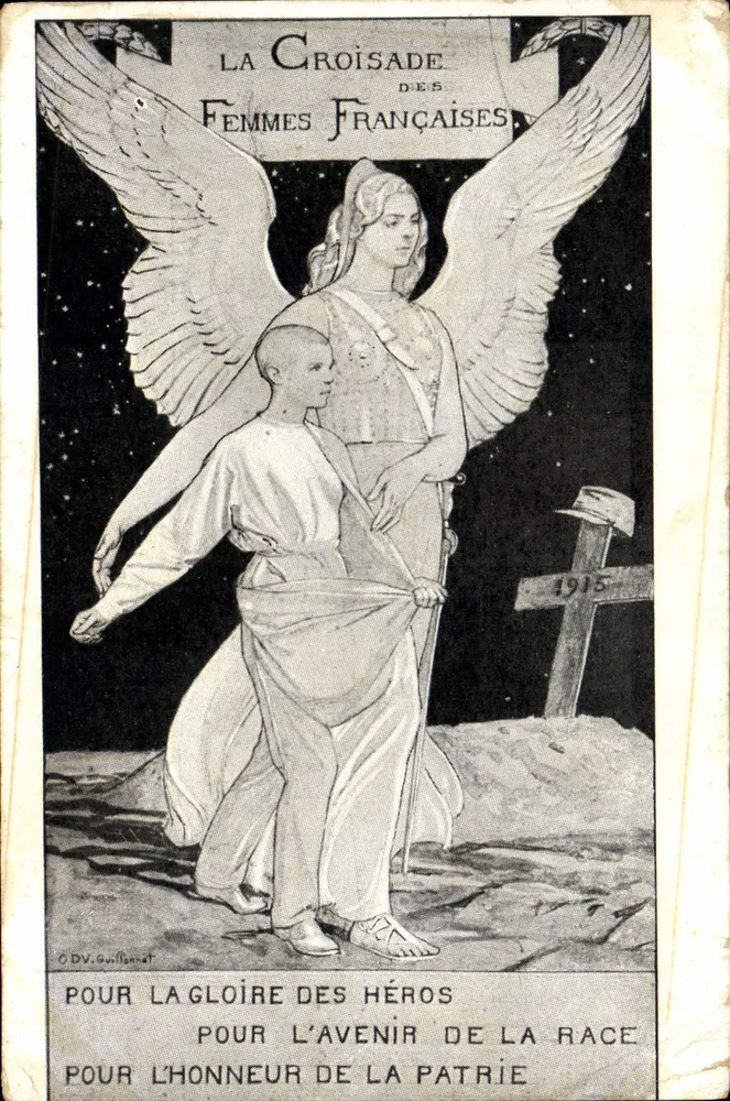 La Croisade des Femmes Françaises — Angelot et ange guidant un jeune garçon devant un croix de 1915 — éditeur O.DV.Guillaret - Vorderseite