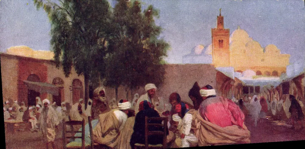Mercado animado em Marrakech — vista pintada — editor R.A.J.B. - Frente